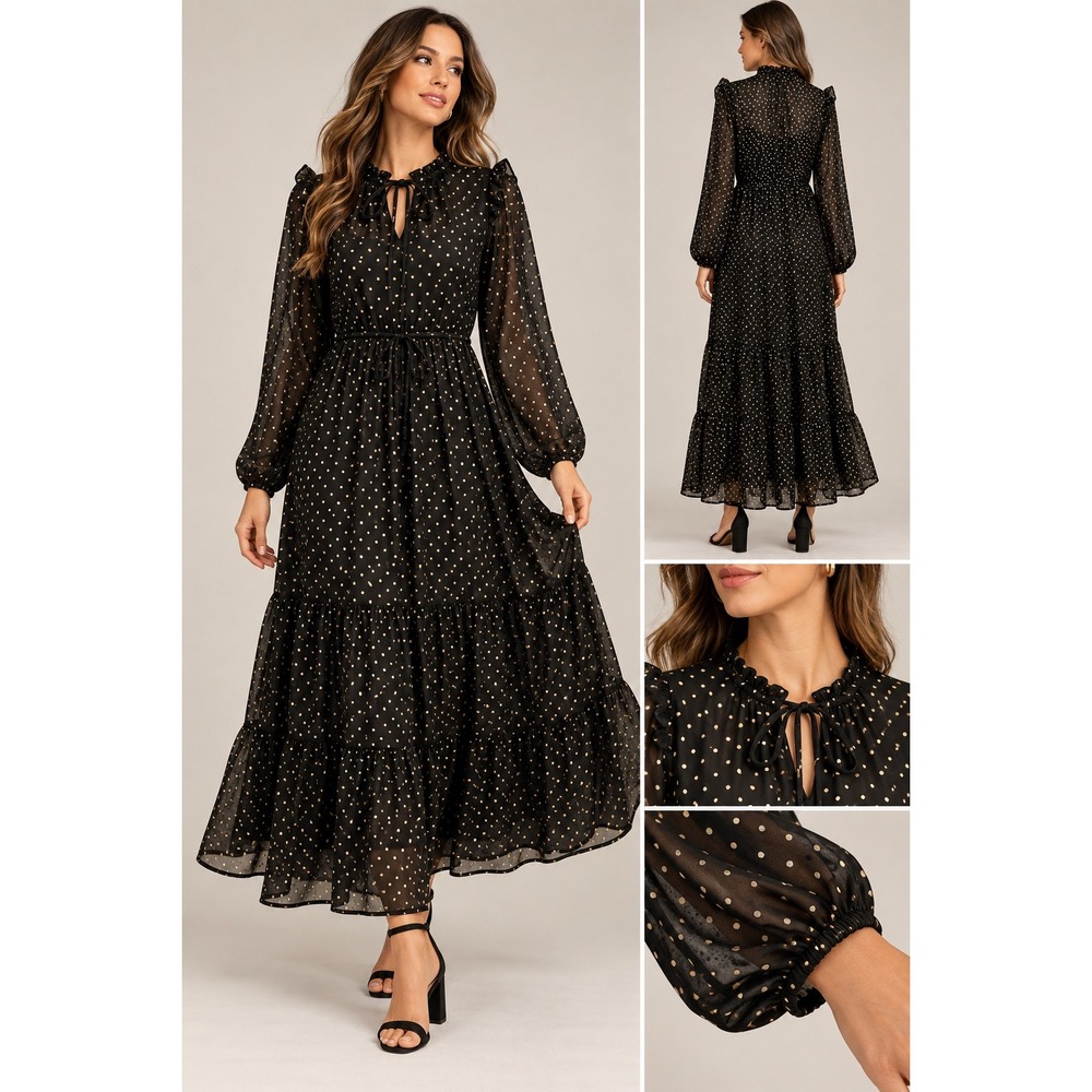 Julia Jordan Maxi Dress Gold Polka Dot Ruffle Chiffon Boho Romantic Size 16 Chic